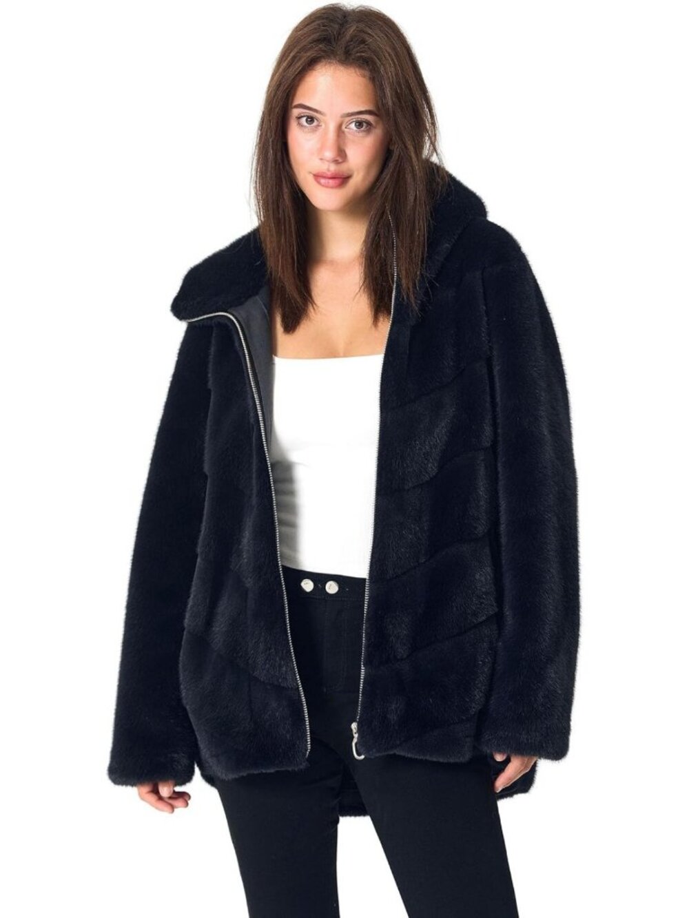 Cozy Faux Fur Zip-Up Hoodie Jacket with Pockets | Fluffy Open Front Coat for